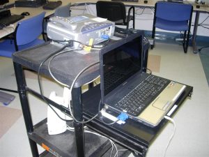 A picture of a mobile computer cart.
